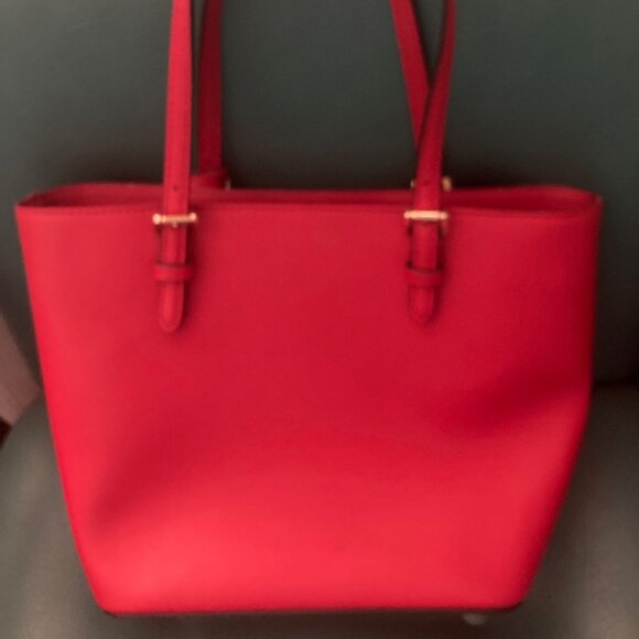 Michael Kors Bright Red Jet Set Front Pocket w/ Flap Closure Leather Tote - Picture 13 of 14